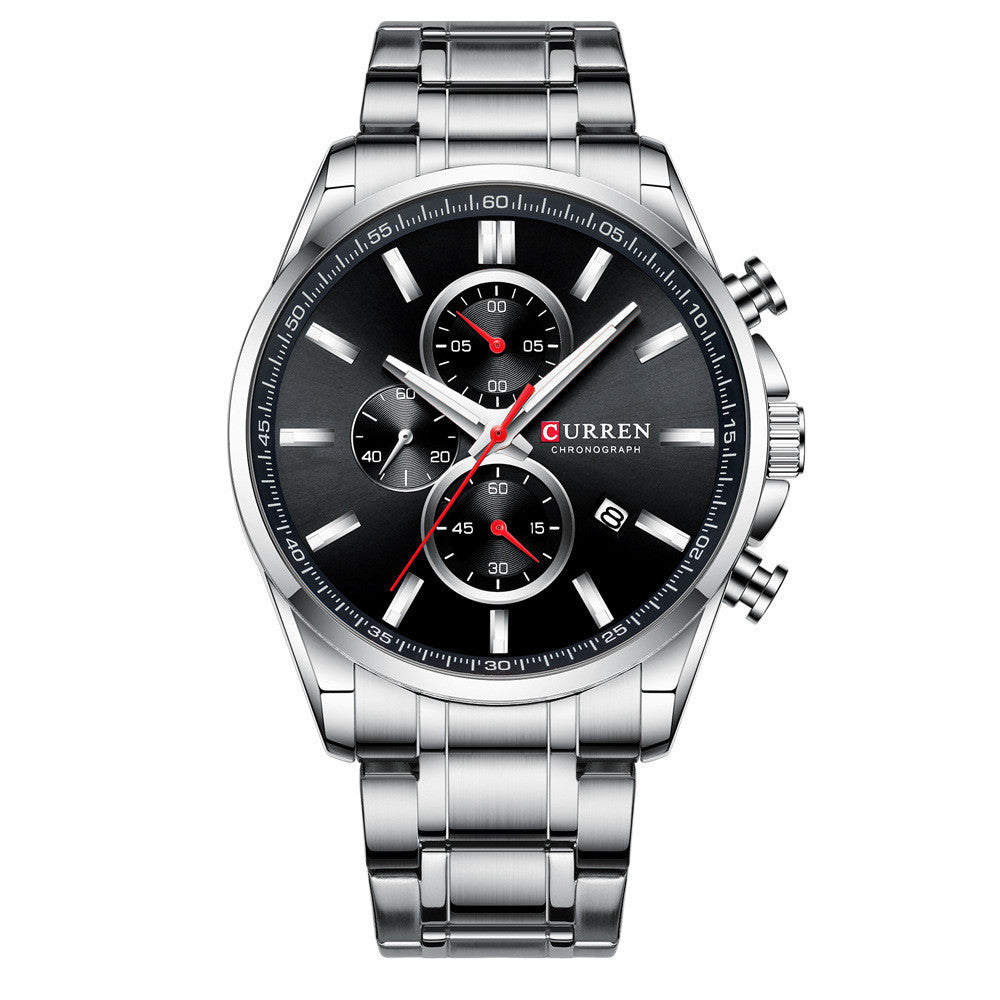 Men'S  Waterproof Quartz, Six-Hand , Calendar Steel Band Watch