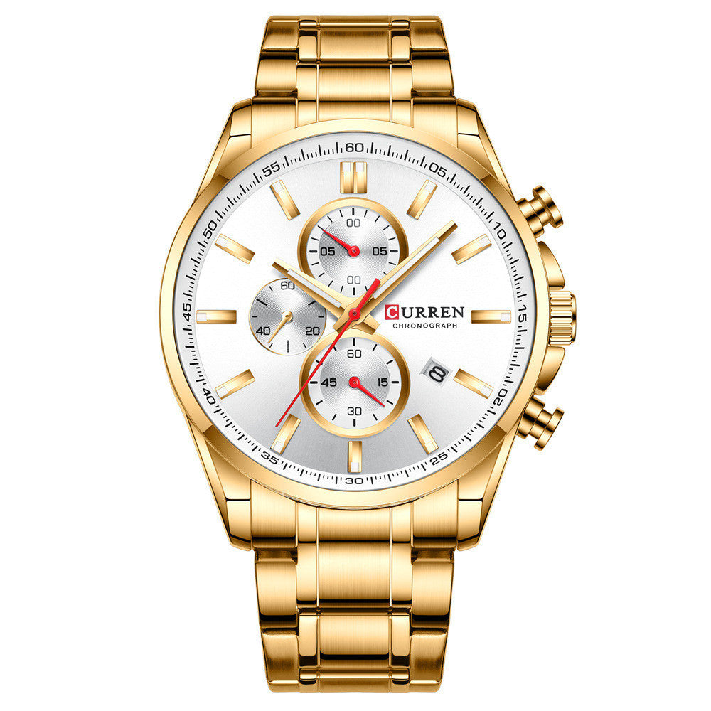 Men'S  Waterproof Quartz, Six-Hand , Calendar Steel Band Watch