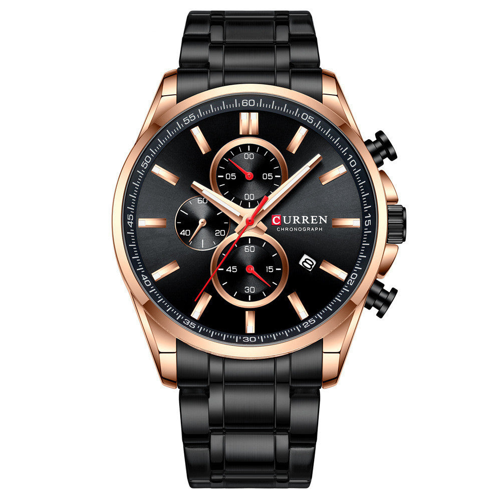 Men'S  Waterproof Quartz, Six-Hand , Calendar Steel Band Watch