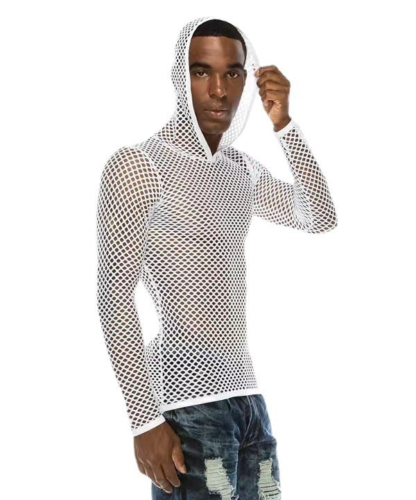 Sports Hooded Vest Men's Long Sleeve Pullover Large Mesh Sexy Home
