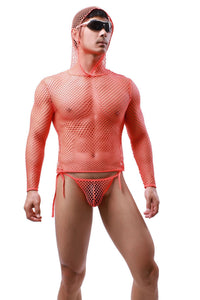 Sports Hooded Vest Men's Long Sleeve Pullover Large Mesh Sexy Home